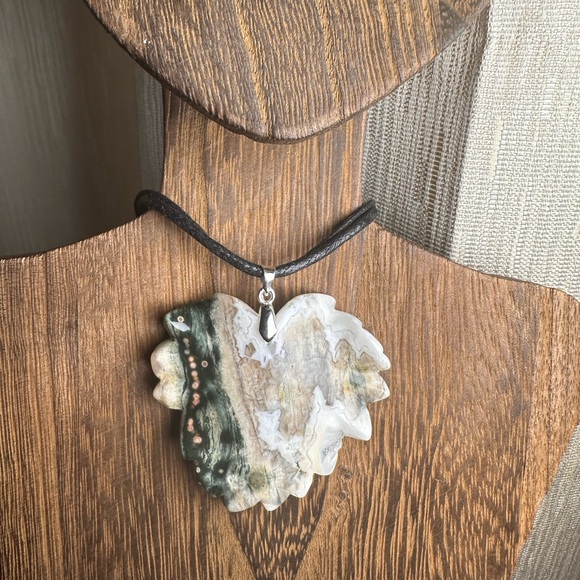 Ocean Jasper Leaf Pendant Necklace on Black Rope - Picture 5 of 10